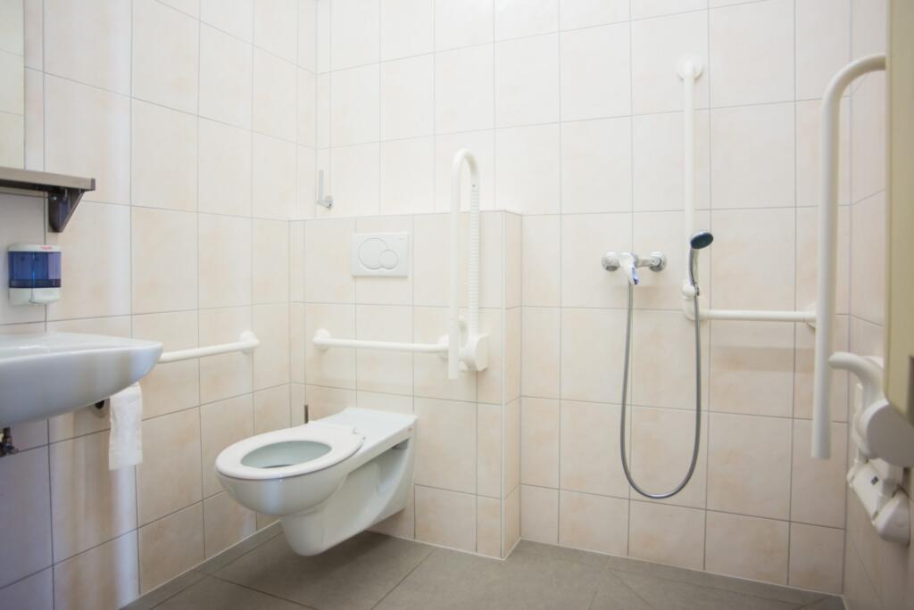 une salle de bains avec toilettes et douche 